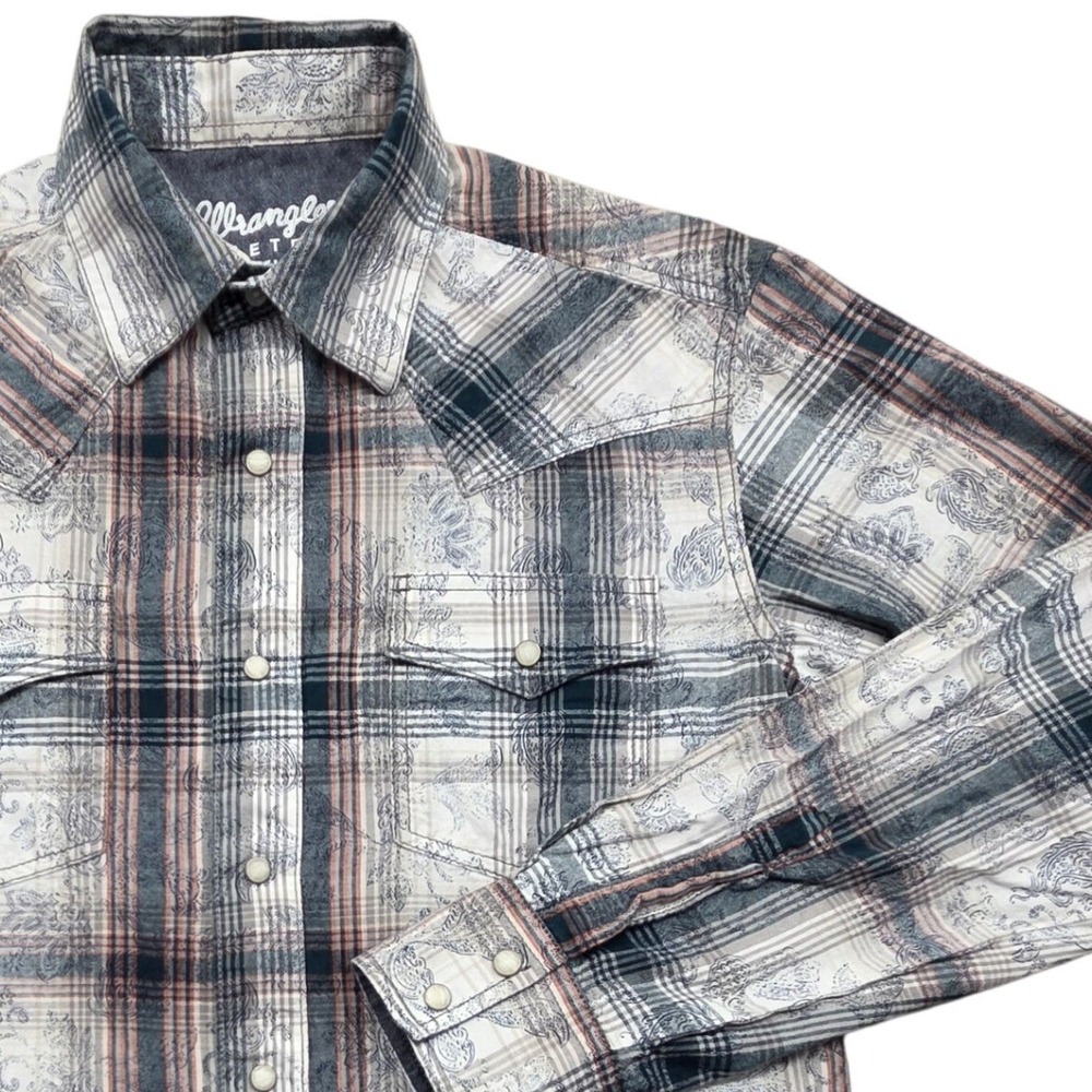 Wrangler Retro Premium Mens Medium Gray Plaid Paisley Western Pearl Snap Shirt
